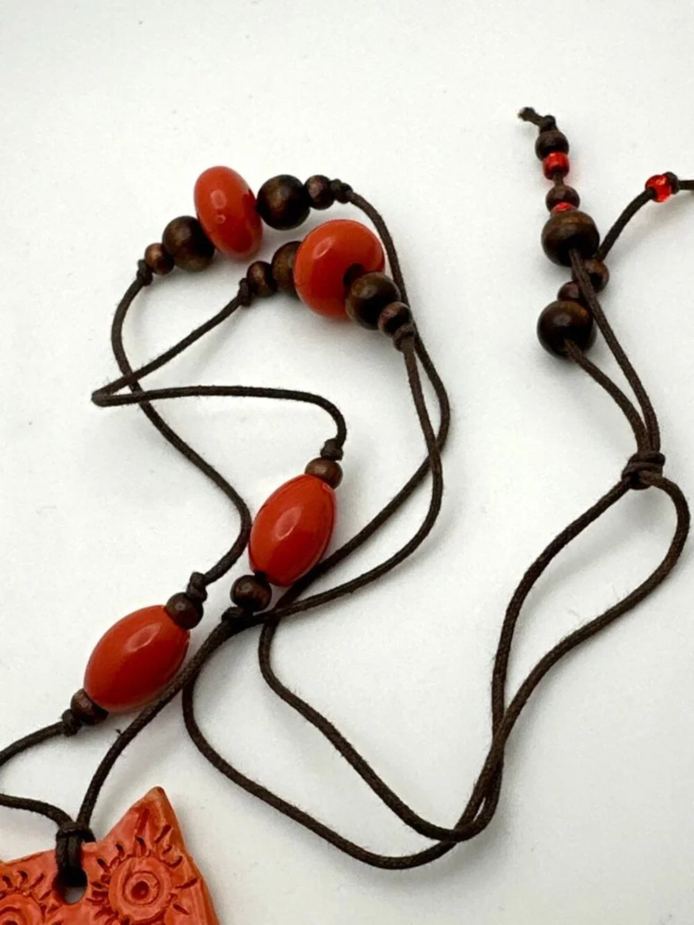 Cathy B | Jewelry | Earthy Ceramic Owl Pendant Necklace Orange Beads ...